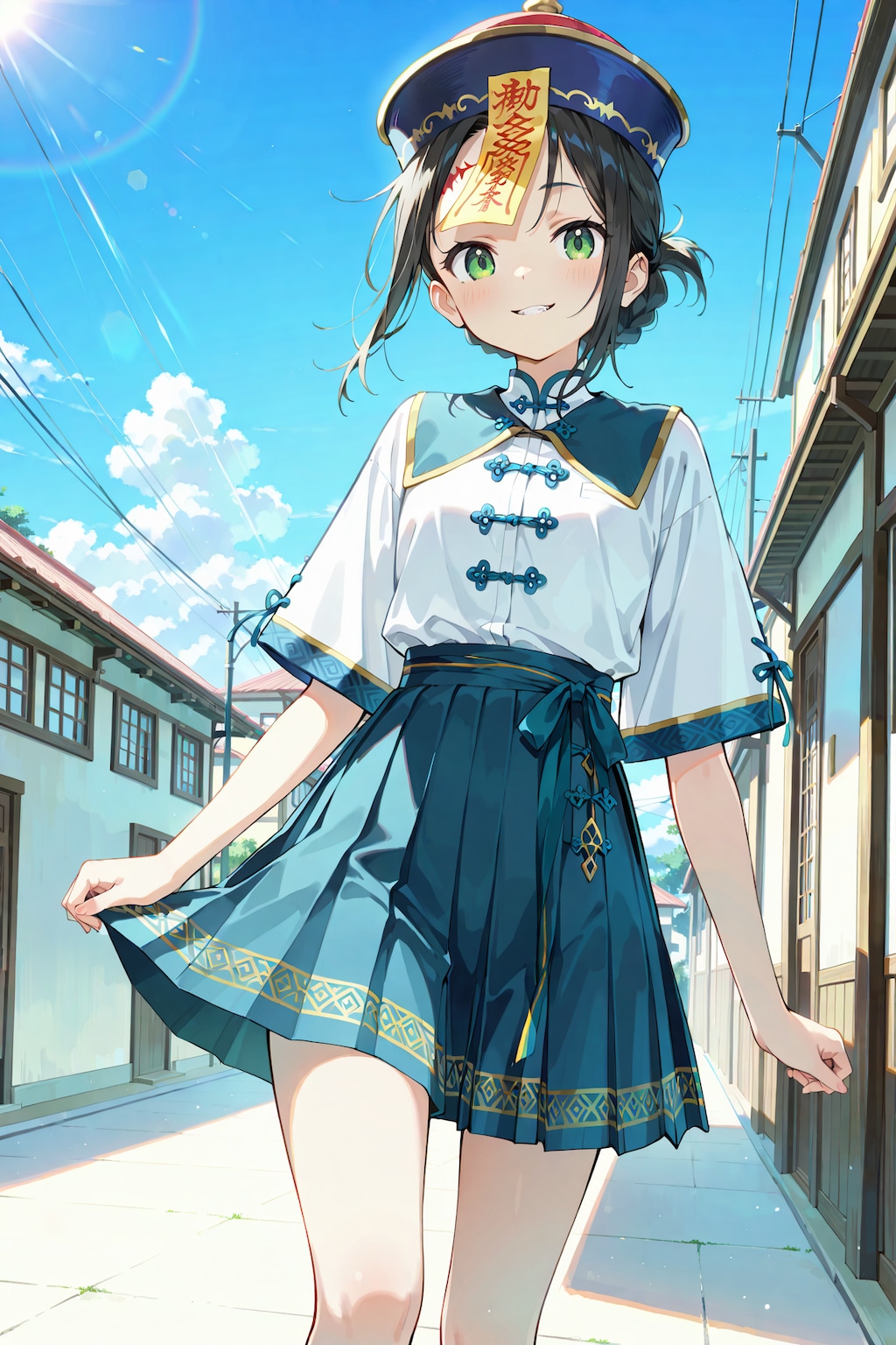 ラーメンを食べる額に貼り紙の女の子