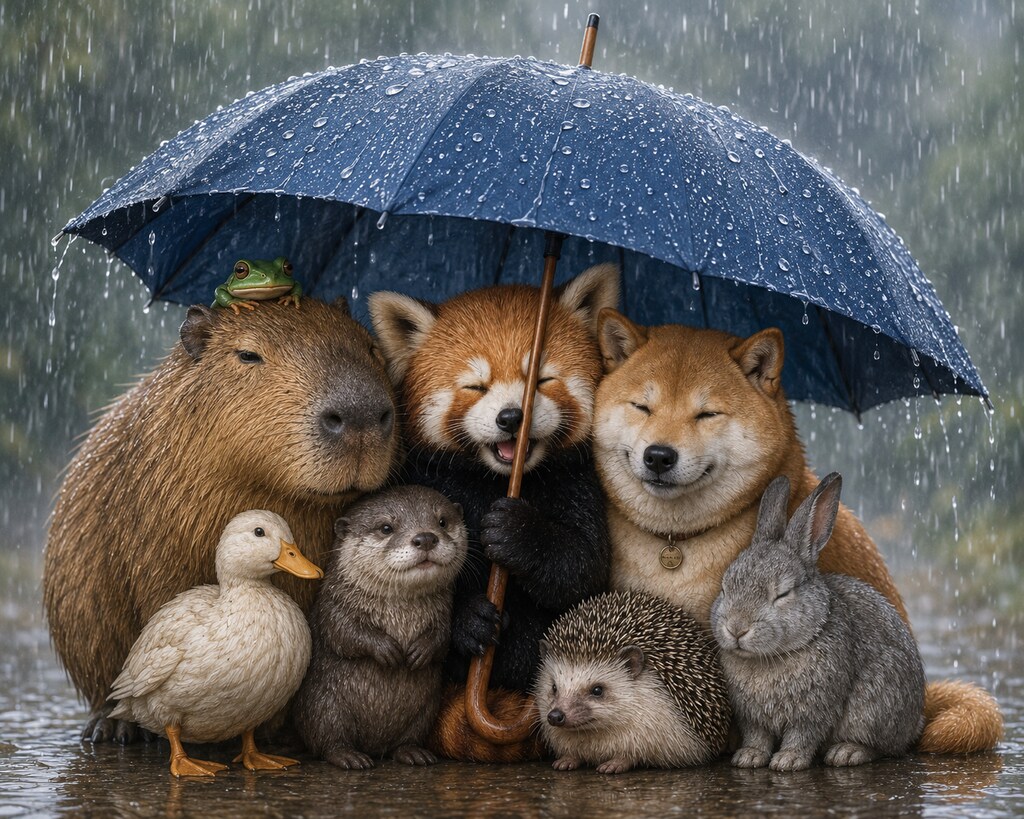 みんなで雨宿り