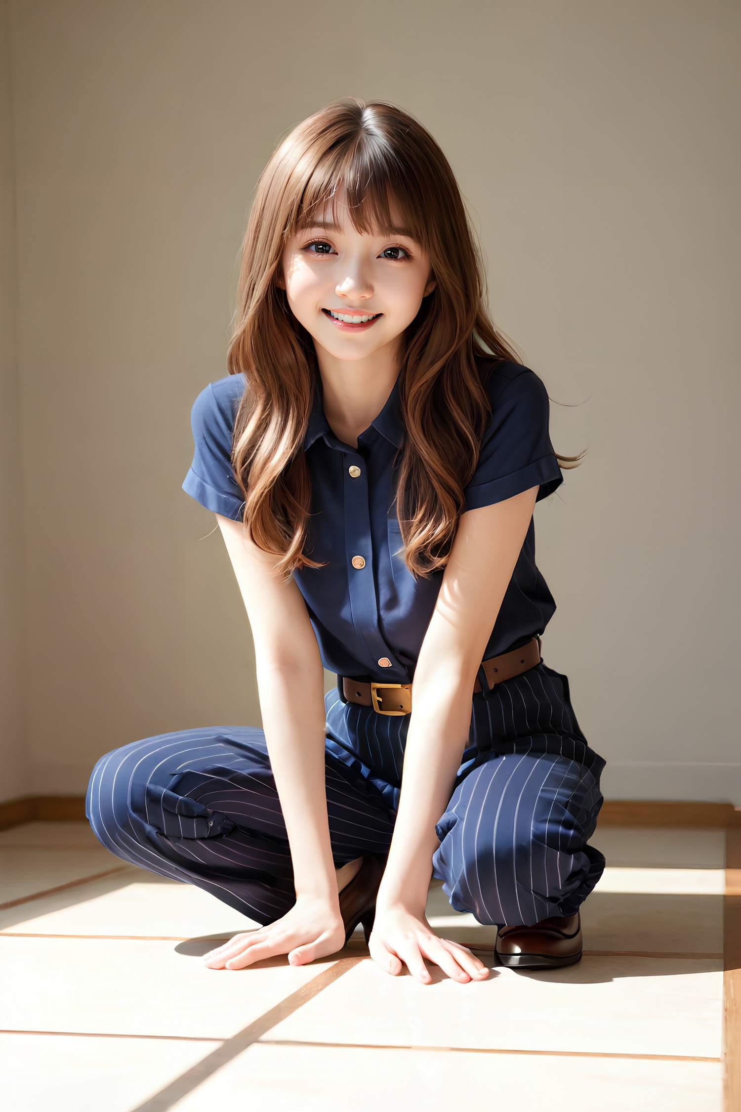 トラッドパンツスタイルのフラット女子