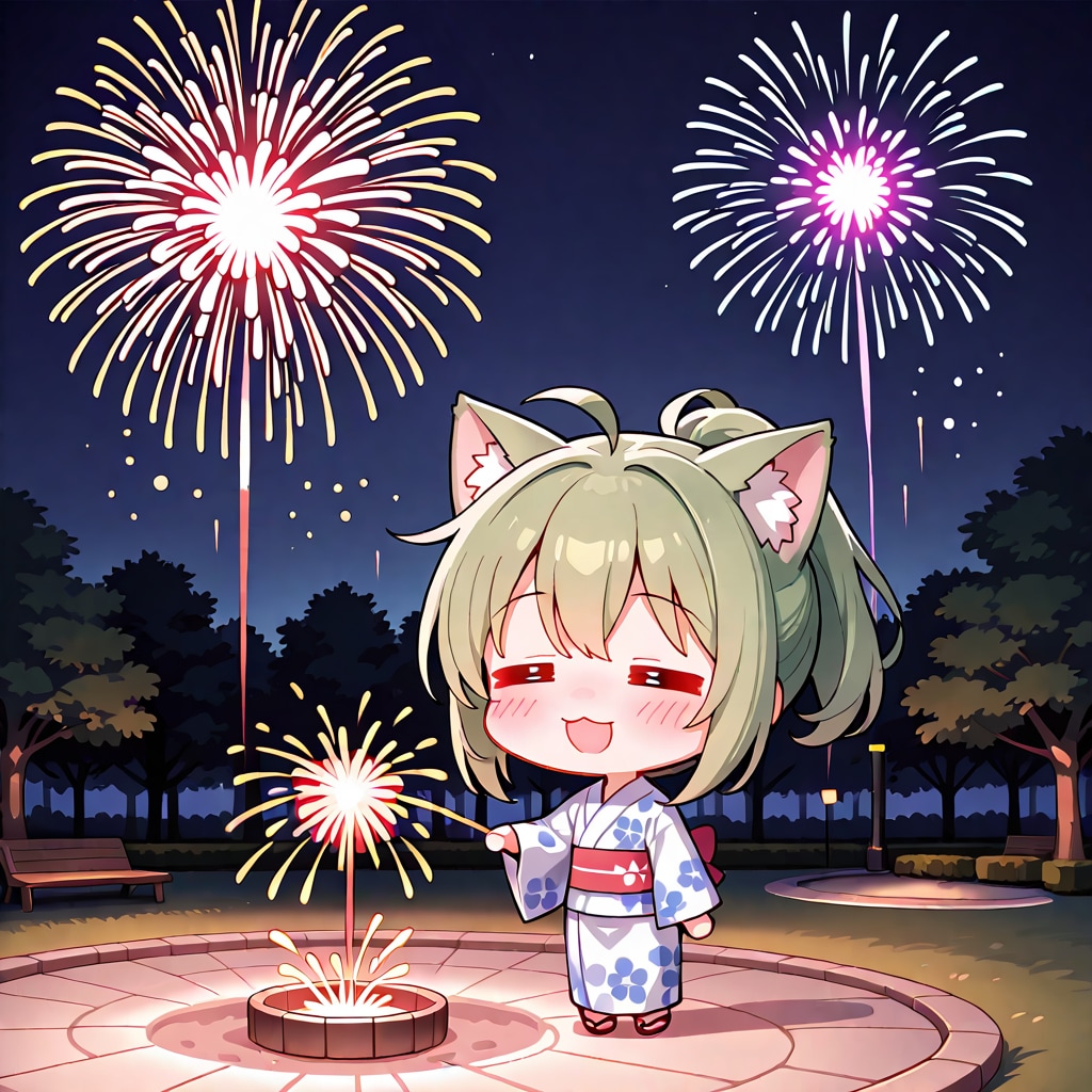 線香花火と緑髪ちゃん