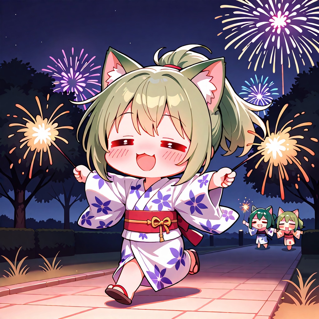 線香花火と緑髪ちゃん