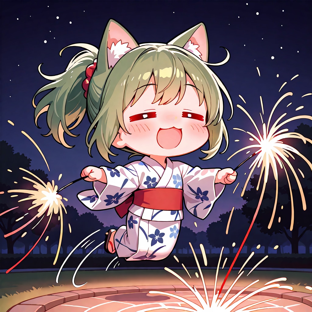 線香花火と緑髪ちゃん