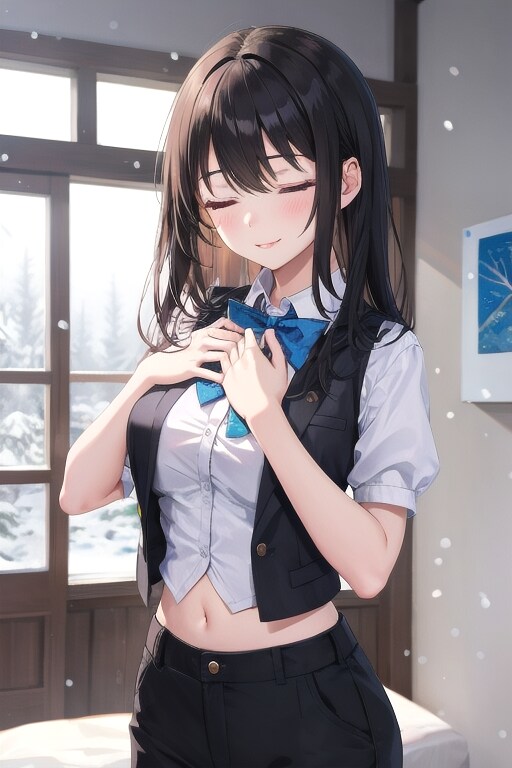 かっこかわいいパフ袖好きのタキシード美少女のロマンティックな雪見