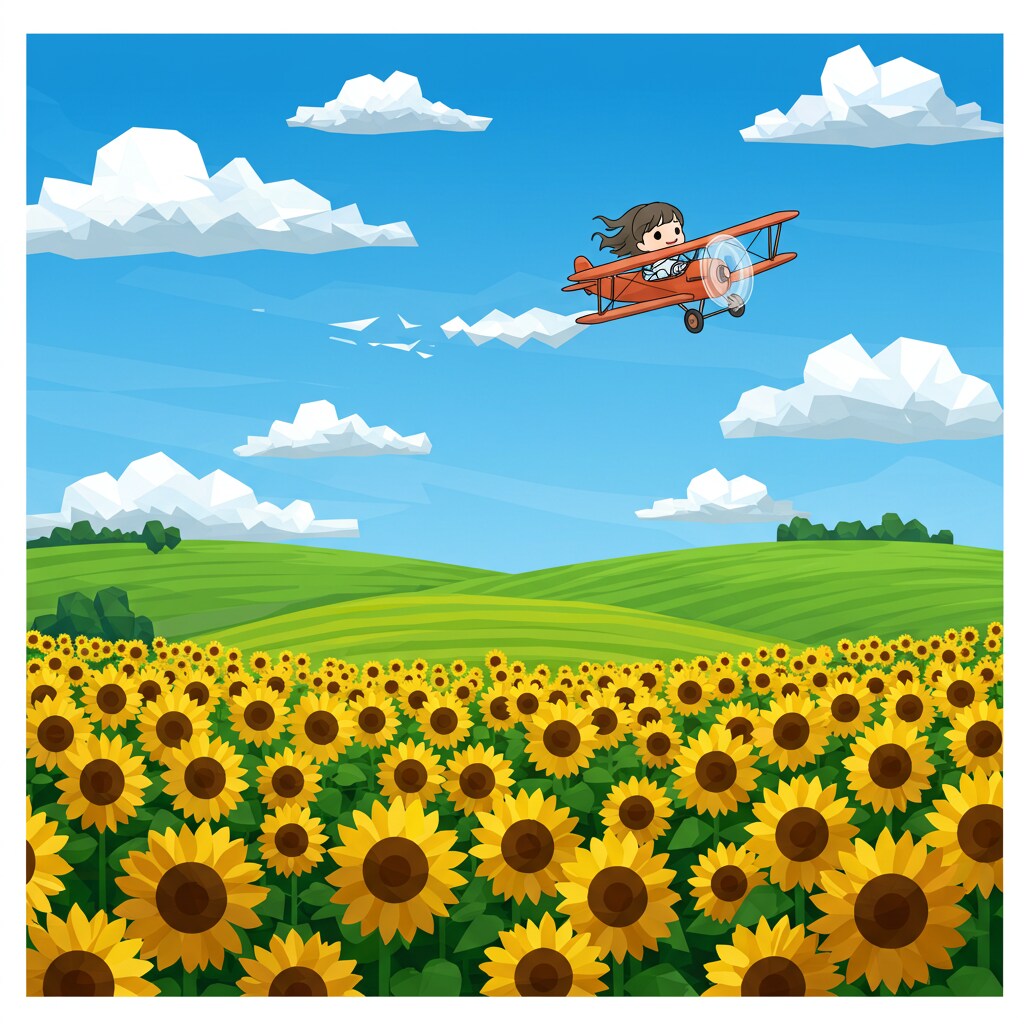 ヒマワリのある風景51・複葉機とチビちゃん