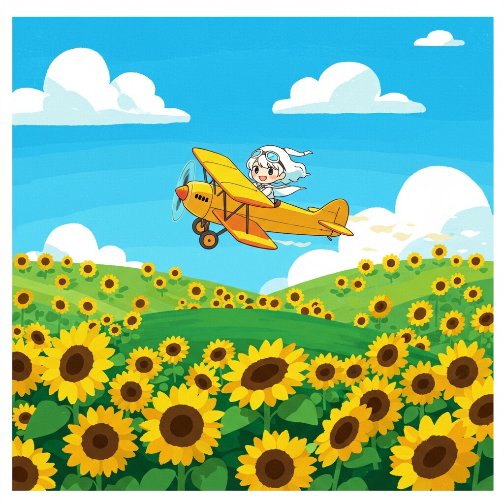 ヒマワリのある風景51・複葉機とチビちゃん