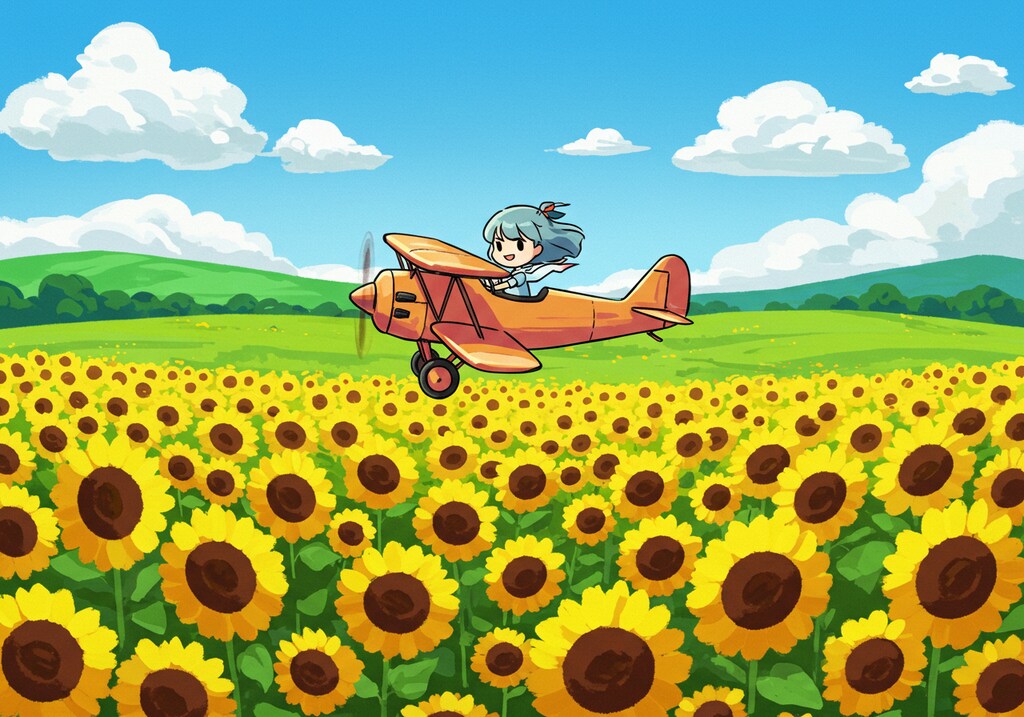 ヒマワリのある風景51・複葉機とチビちゃん