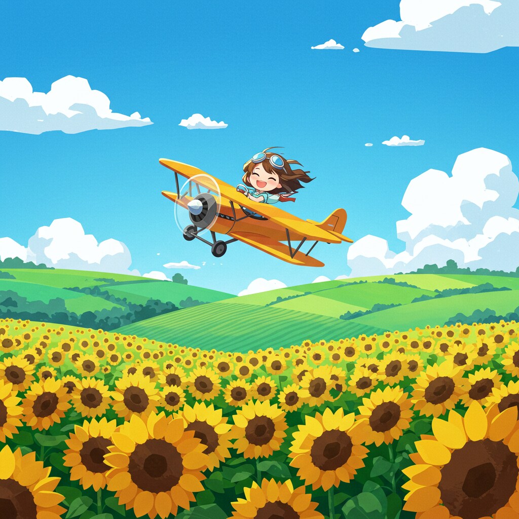 ヒマワリのある風景51・複葉機とチビちゃん