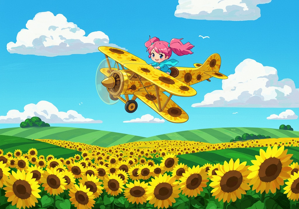 ヒマワリのある風景51・複葉機とチビちゃん