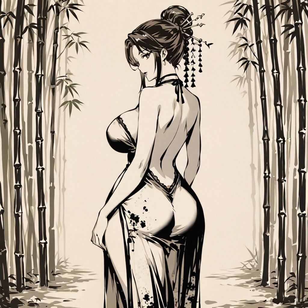 ドレスで竹林を歩く(水墨画風)260520