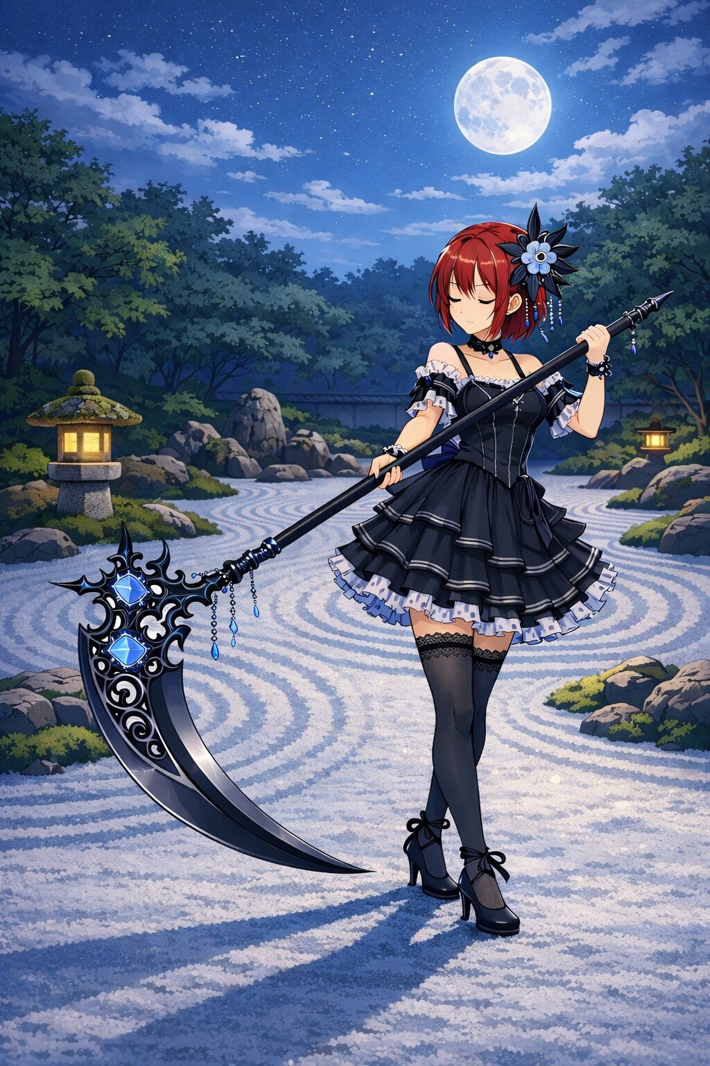 月下静寂 ― 黒装の鎌使い、枯山水に佇む ― | の人気AIイラスト・グラビア