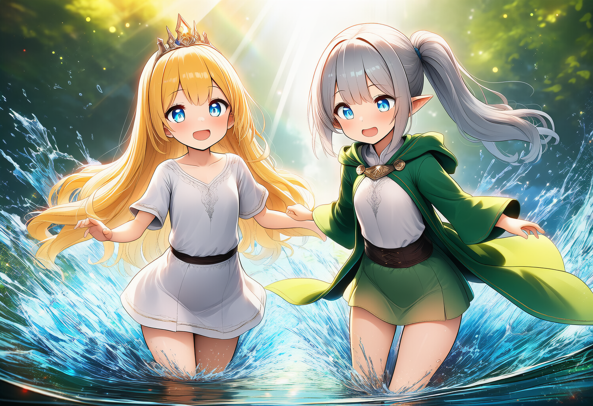 金髪王女とエルフ魔術師の川遊び