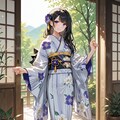 「振り向く黒髪の着物美人」の全身写真 3枚目
