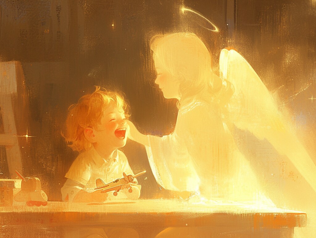 夢中になって遊ぶ子どもと、その子を愛おしく撫でている天使