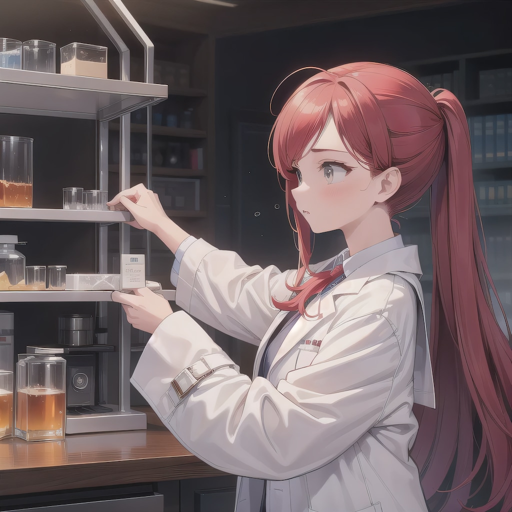 赤髪ポニテで白衣の少女