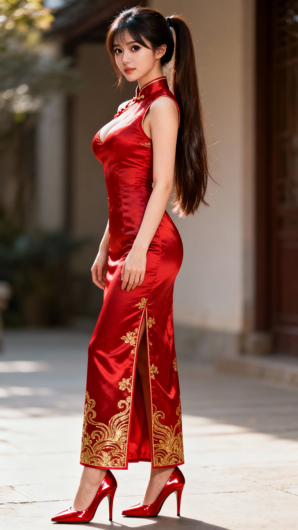 長丈の旗袍美女(21歳)　深紅(crimson)、紺青(navy blue)、純白(pure white)と呪文を変えています