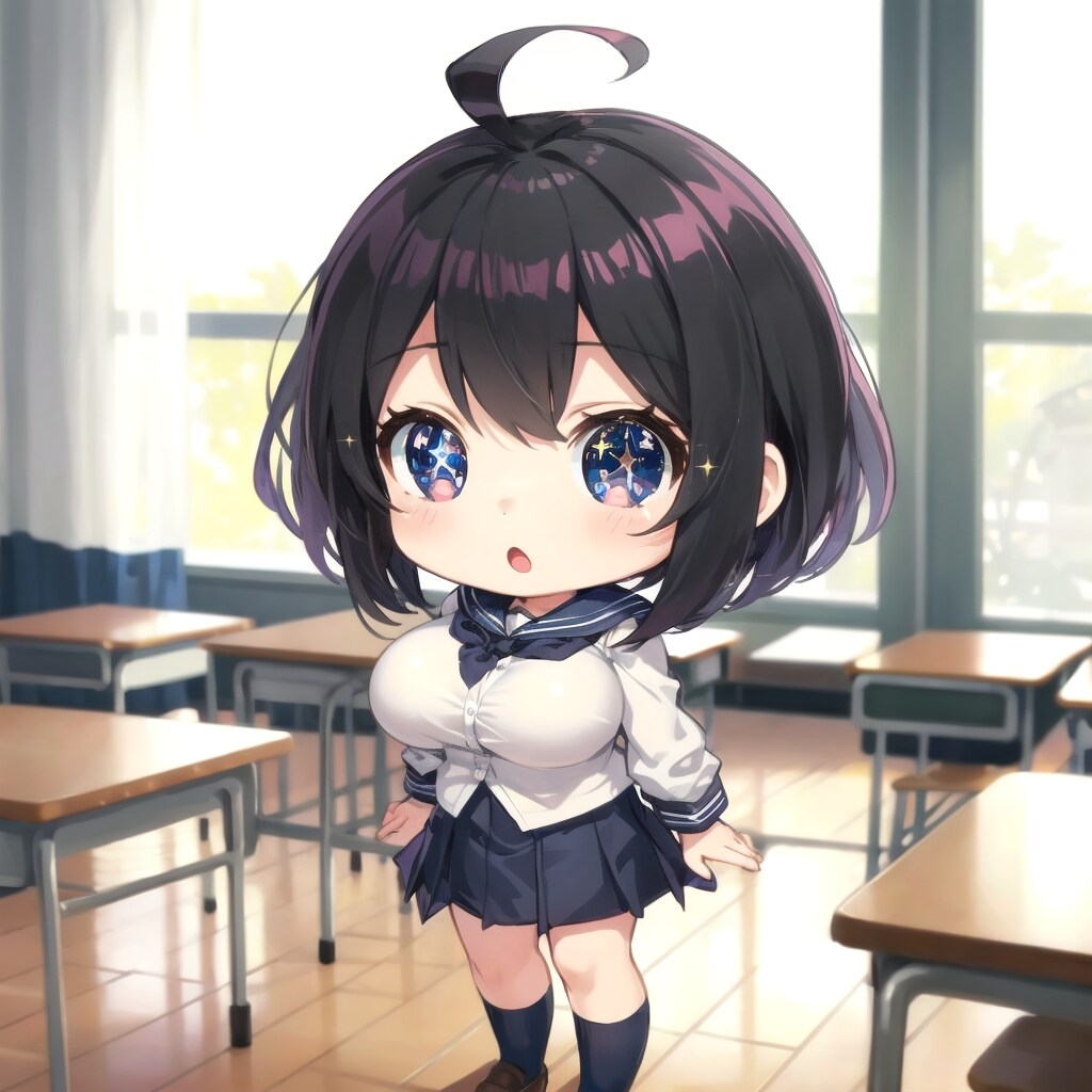 チビキャラ化したキラキラ目なたわわな黒髪ちゃんｗ