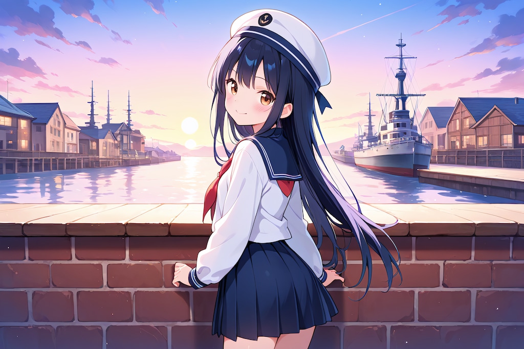 夕暮れの港と黒髪ちゃん