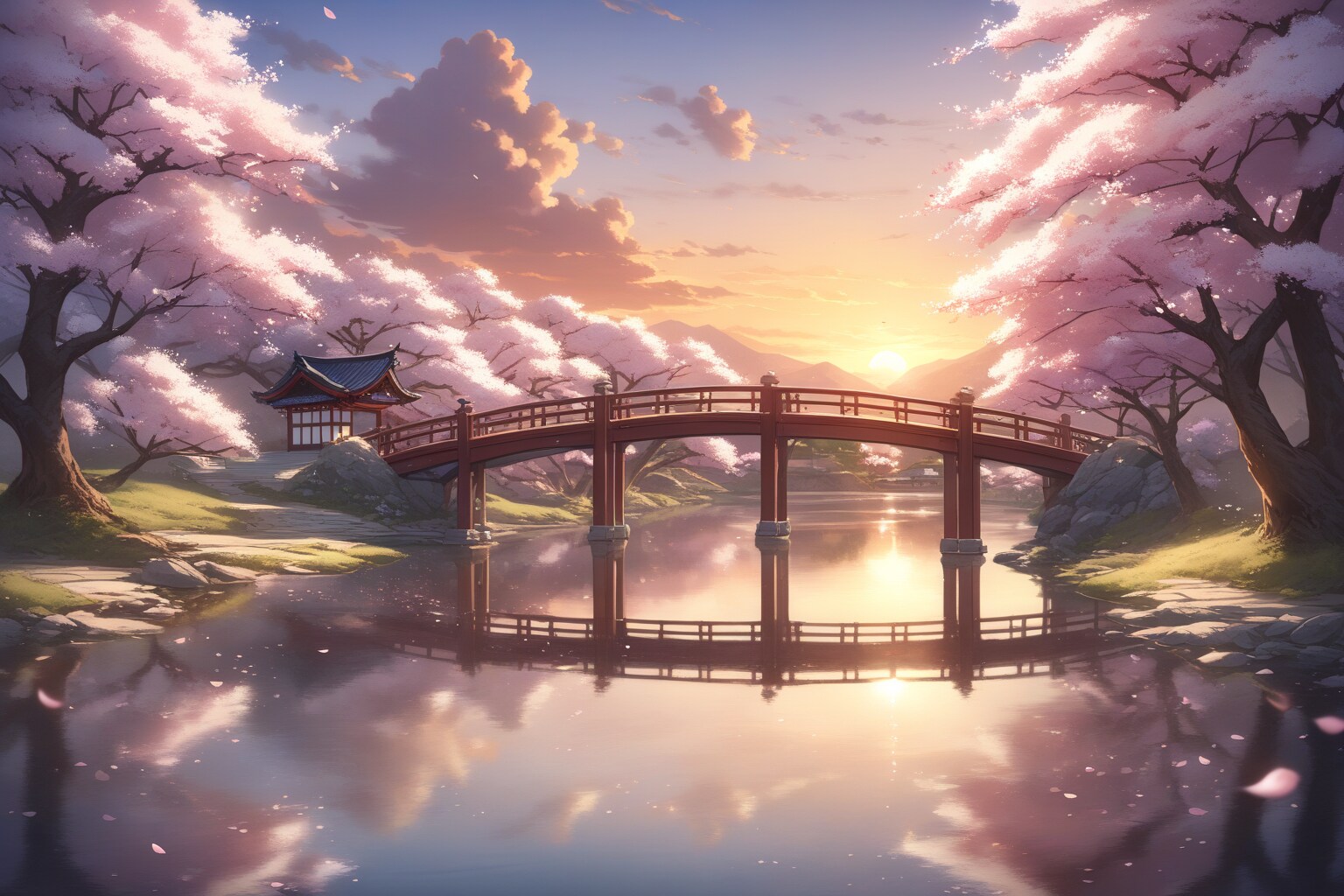 夕日と川辺の桜