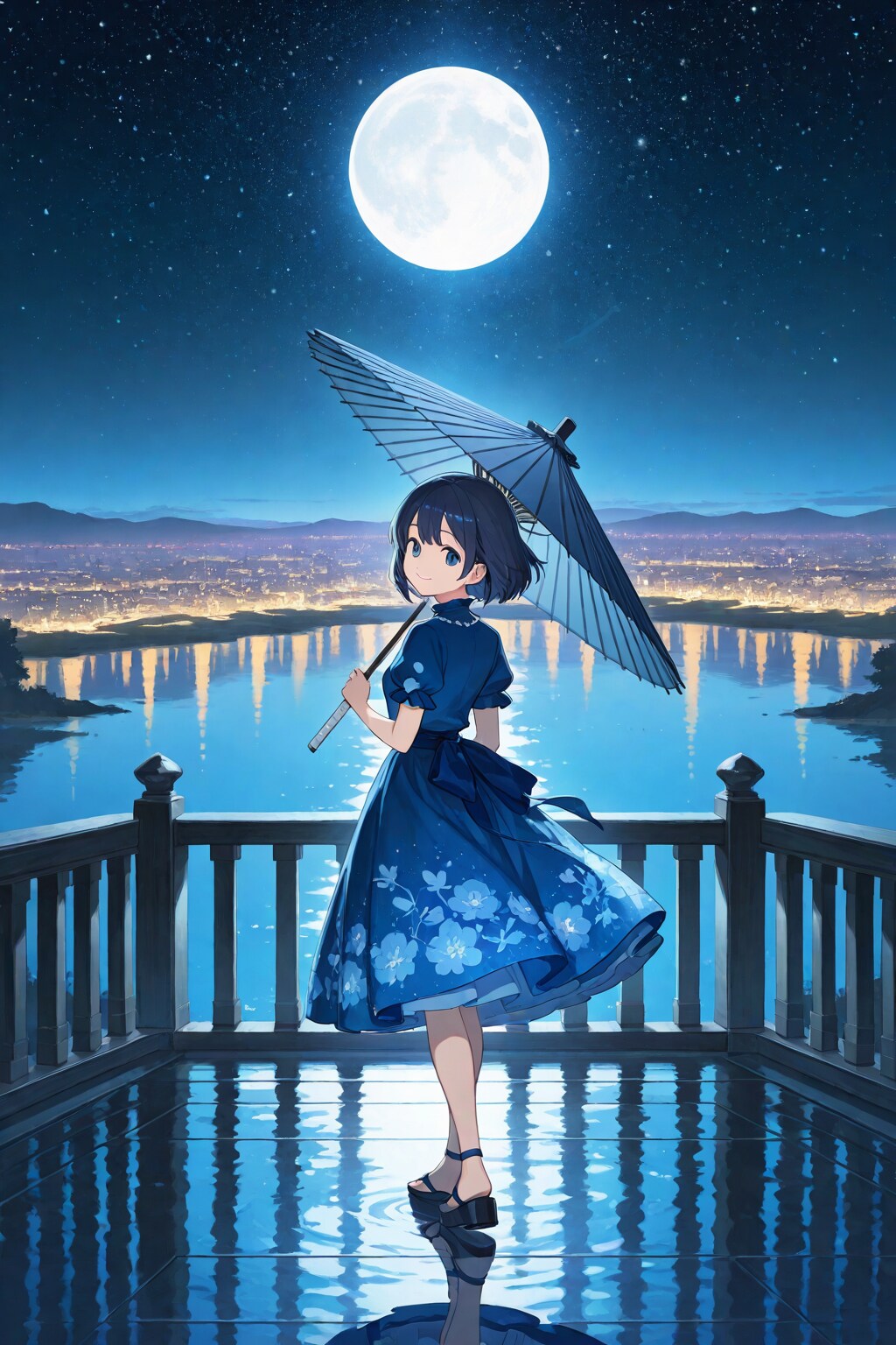 月夜の星空と青いドレス