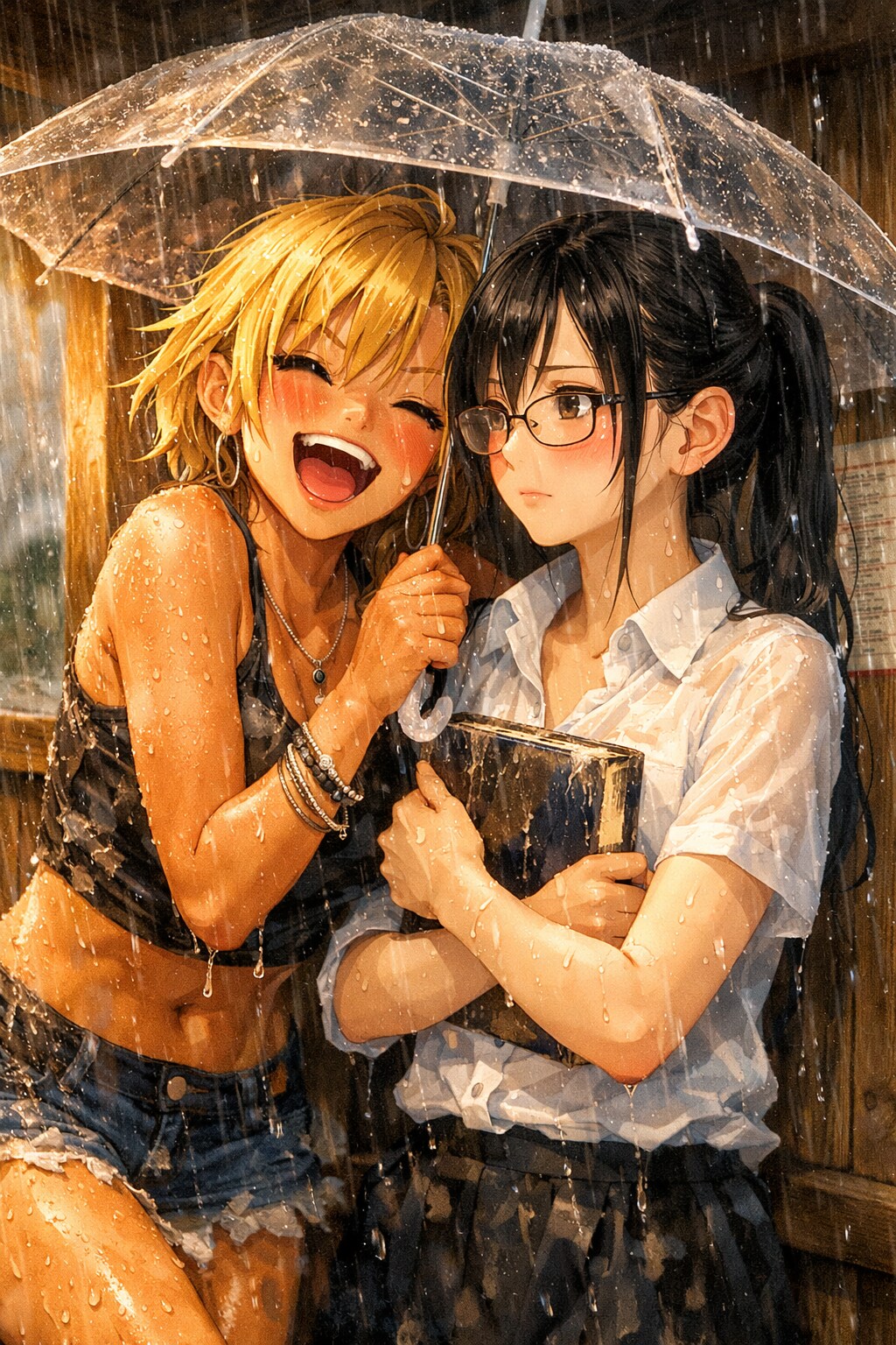 1つの傘に寄り添う2人