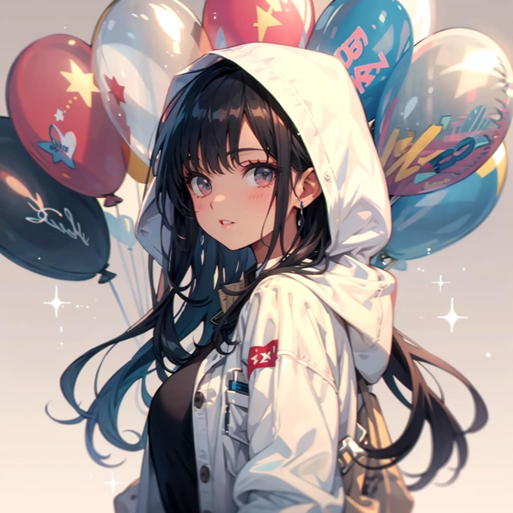 いっぱい風船を持つ黒髪ロングの白衣着た美女。 | の人気AIイラスト・グラビア