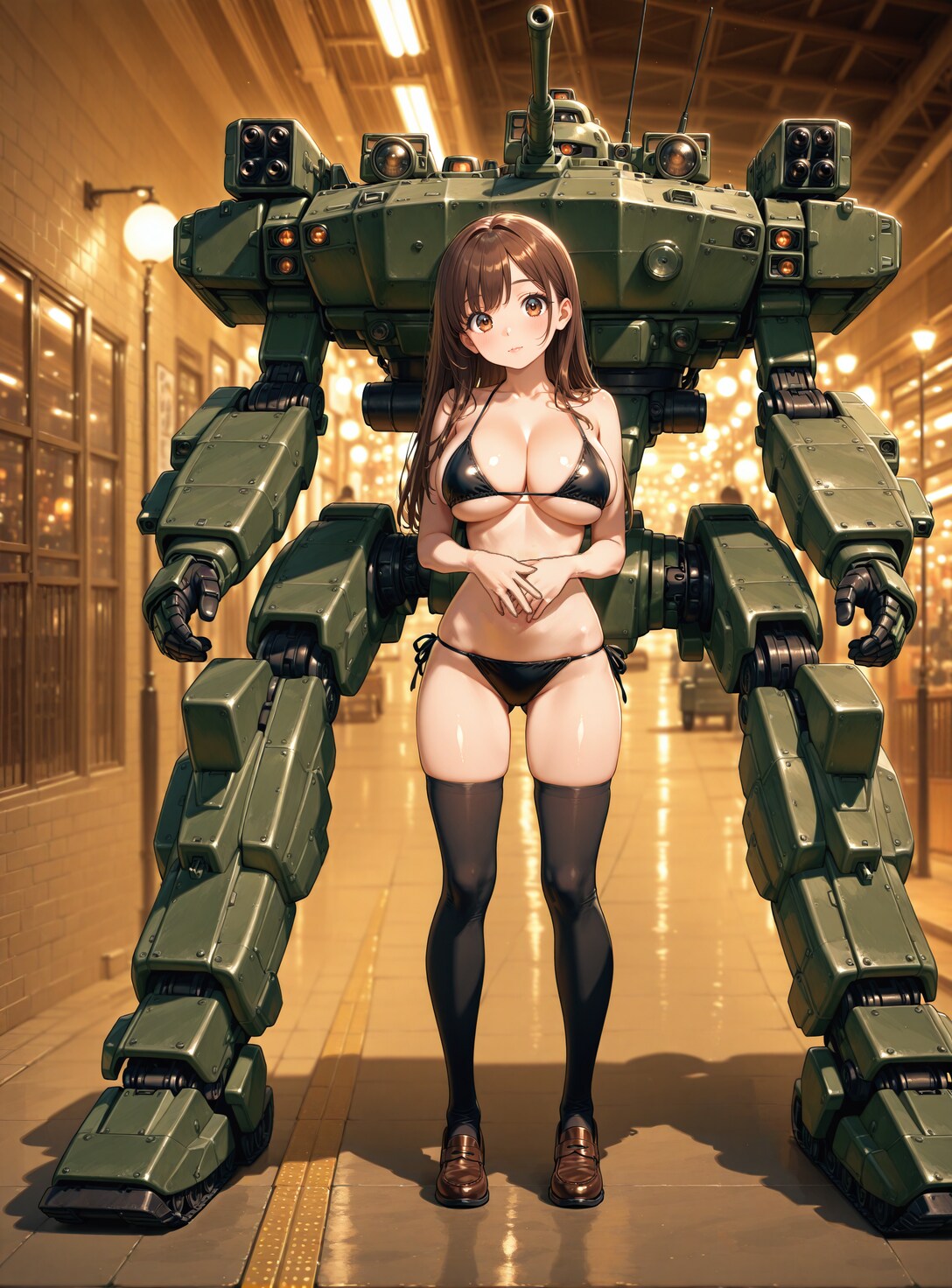 水着女子と人型兵器