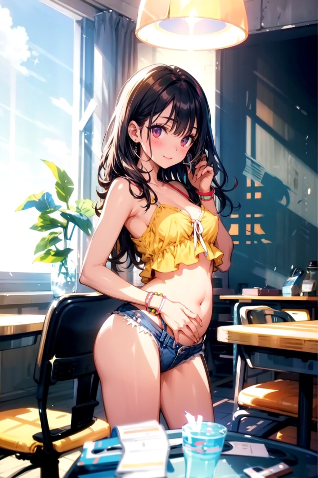 光の中のセクシーホットパンツ少女