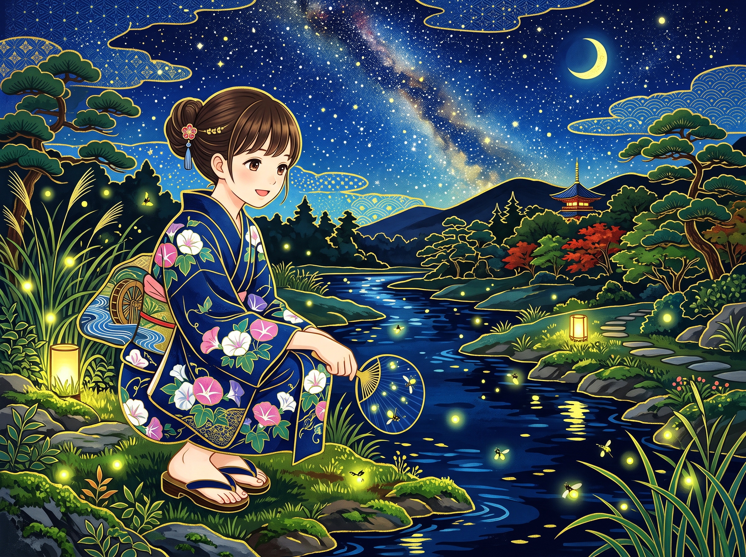 金色の月星蛍川涼み