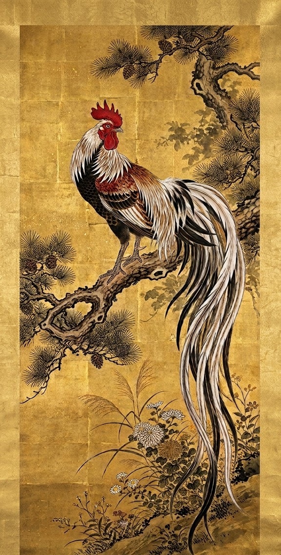 若冲風　尾長鶏