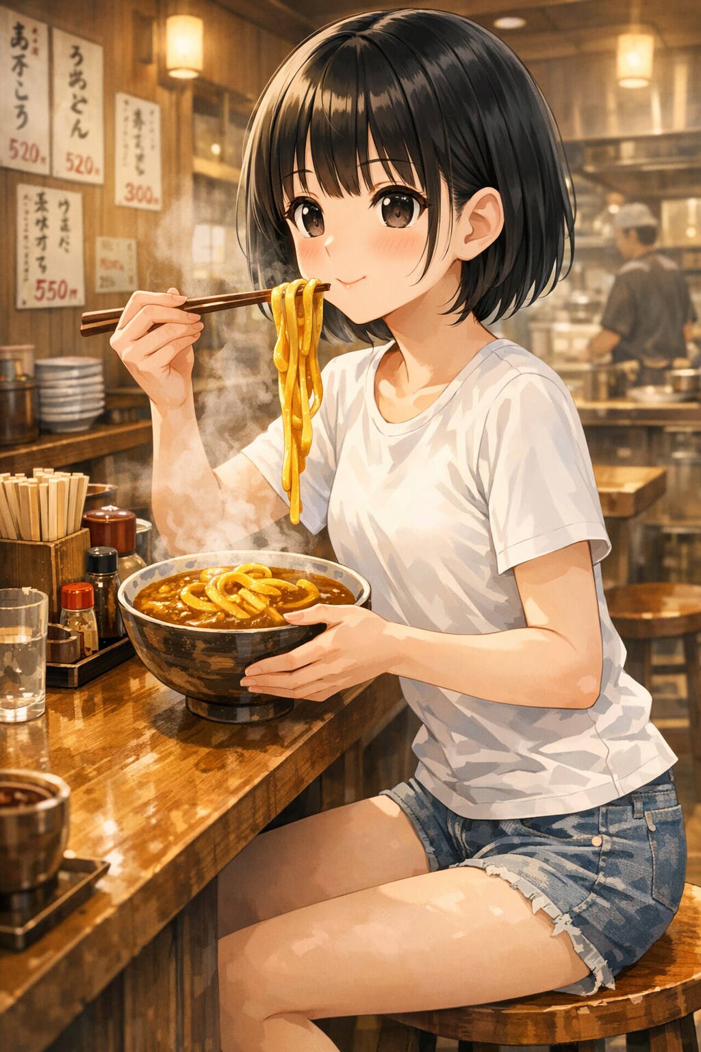 カレーうどんを食べている女の子