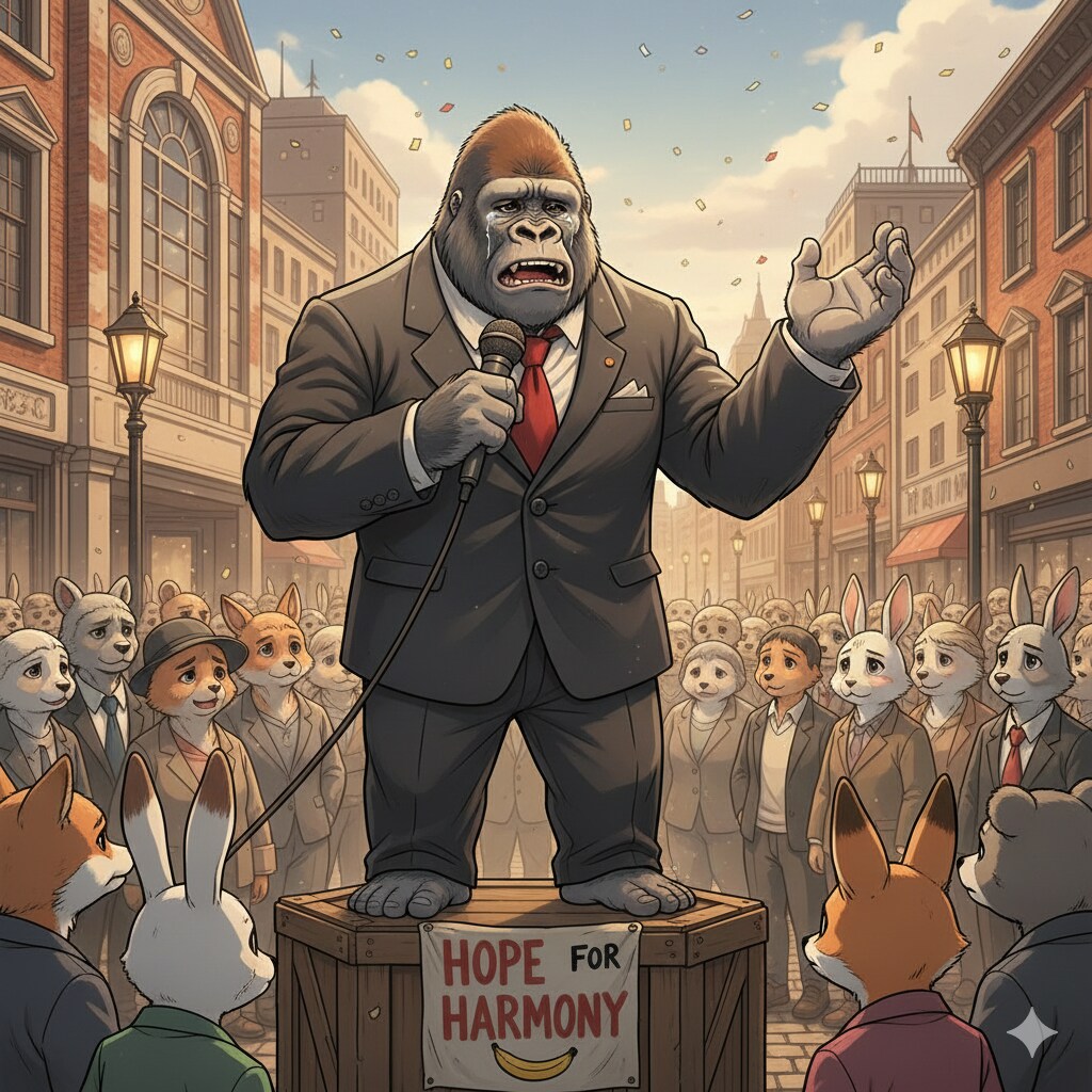 街頭で演説をする背広を着たセンチメンタルゴリラ | の人気AIイラスト・グラビア