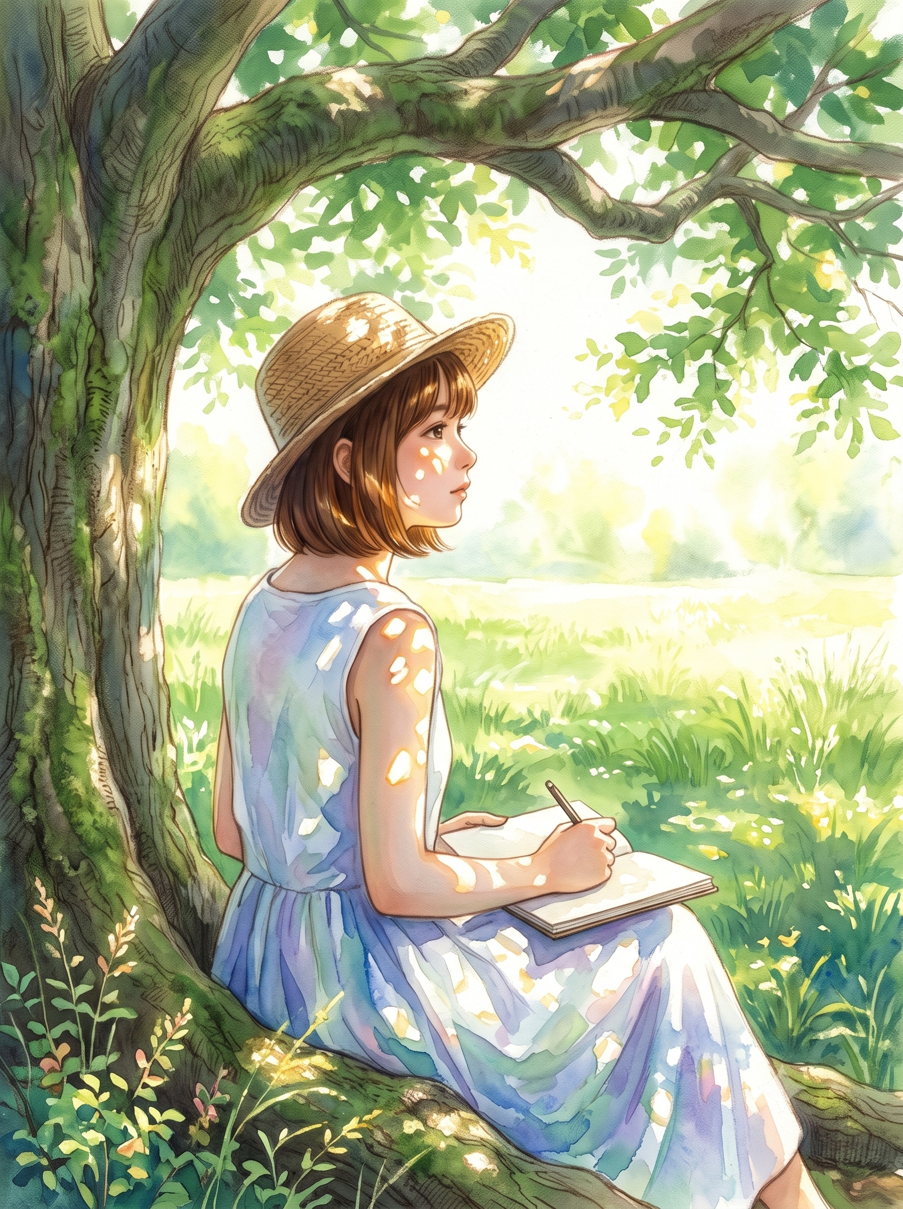 緑蔭の囁き―光と風のスケッチ―　★印象派系イラスト（AI併用作品）★