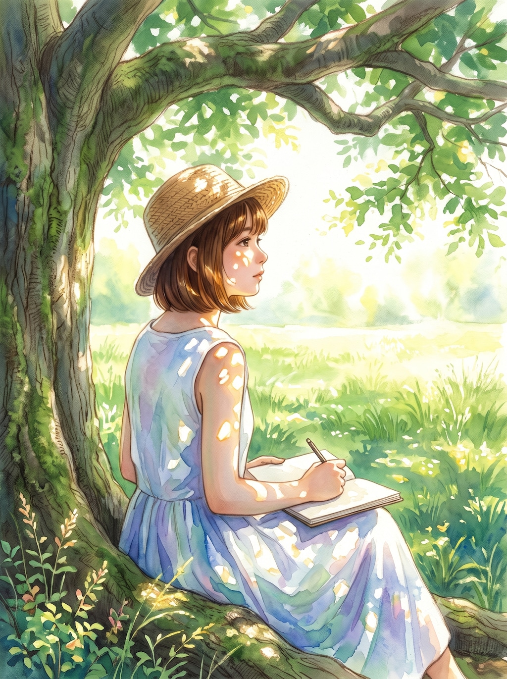 緑蔭の囁き―光と風のスケッチ―　★印象派系イラスト（AI併用作品）★