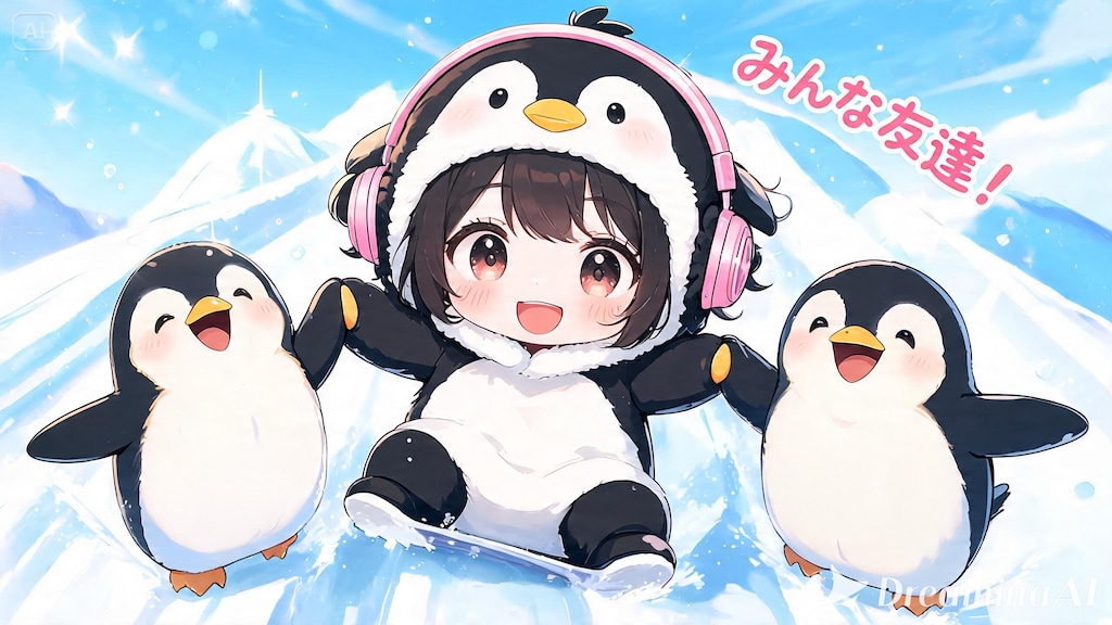ヘッドフォンを付けたペンギン娘と南極ペンギン達🧊１