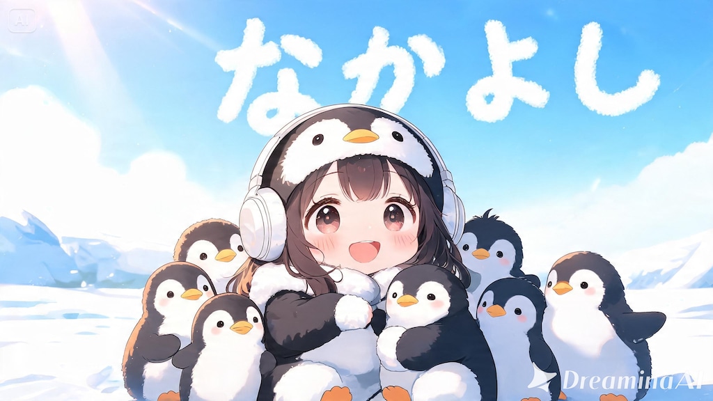 ヘッドフォンを付けたペンギン娘と南極ペンギン達🧊１