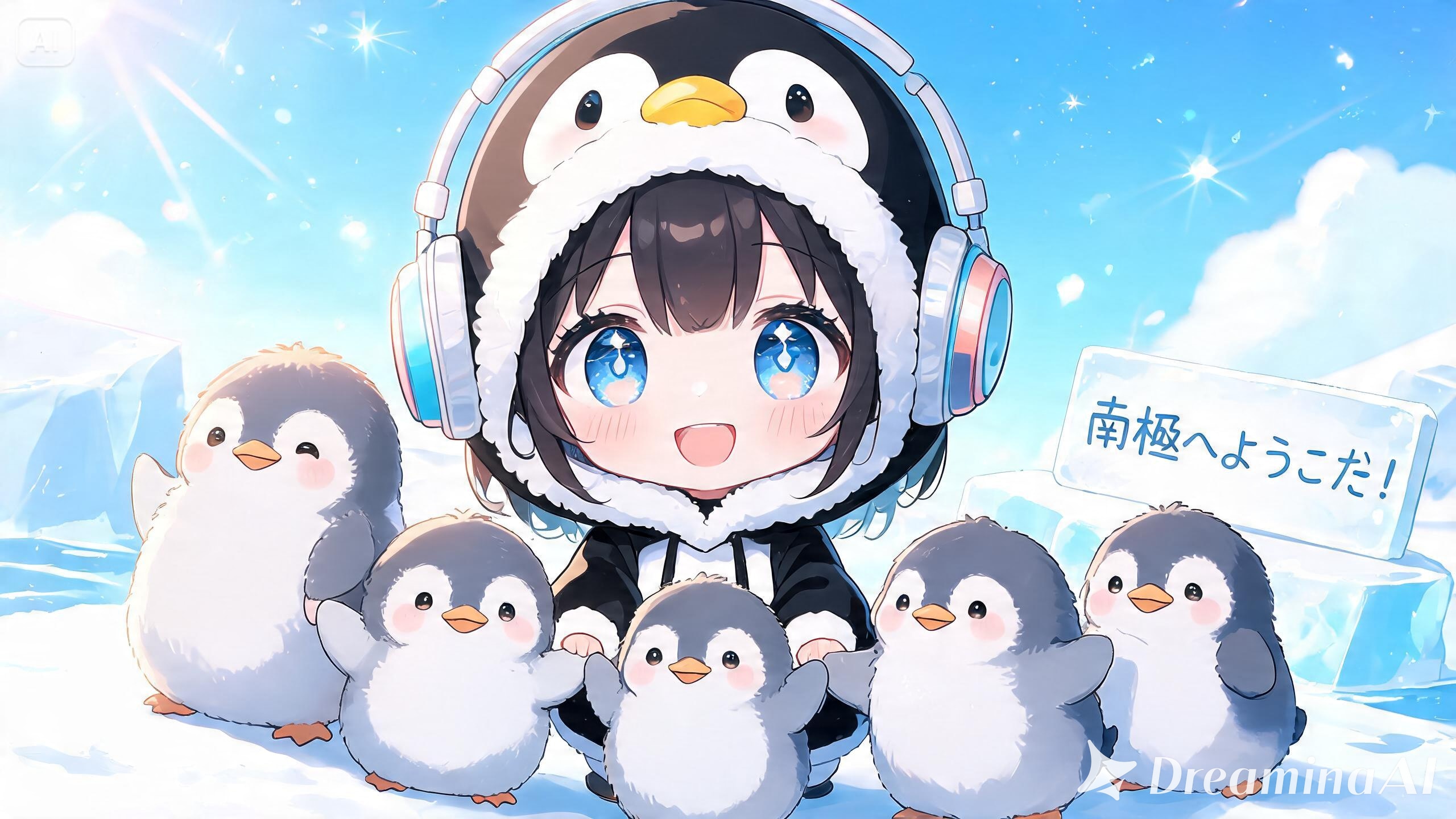 ヘッドフォンを付けたペンギン娘と南極ペンギン達🧊１