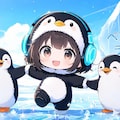 ヘッドフォンを付けたペンギン娘と南極ペンギン達🧊１ 5枚目