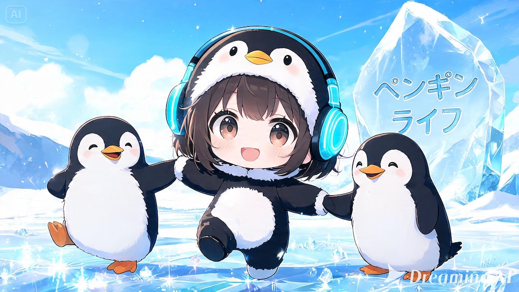 ヘッドフォンを付けたペンギン娘と南極ペンギン達🧊１