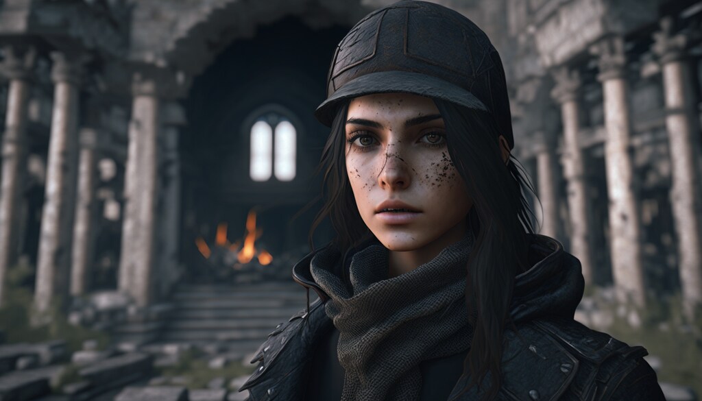 神殿を調査する冒険家の女性