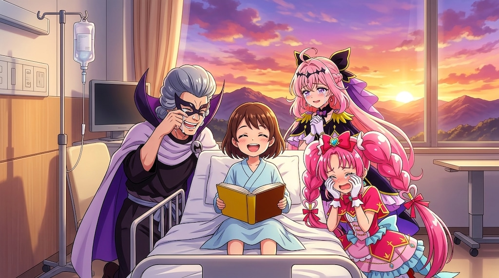 2人のプリキュアとゴウエモン、ICUにて女の子に絵本を読み聞かせる