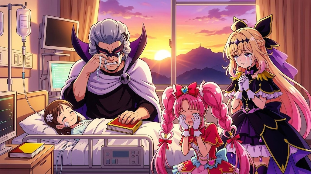 2人のプリキュアとゴウエモン、ICUにて女の子に絵本を読み聞かせる