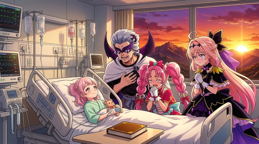 2人のプリキュアとゴウエモン、ICUにて女の子に絵本を読み聞かせる