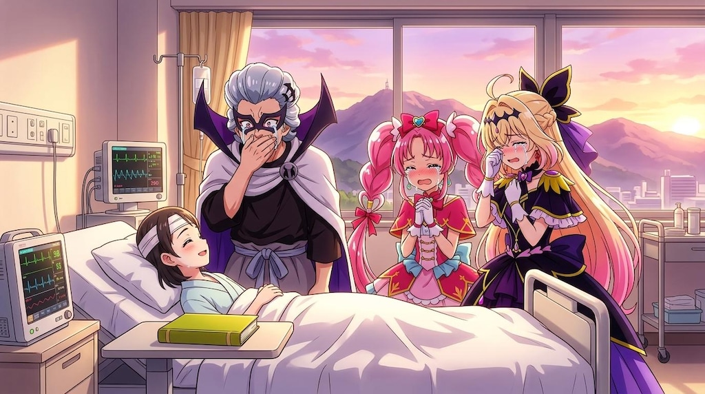 2人のプリキュアとゴウエモン、ICUにて女の子に絵本を読み聞かせる