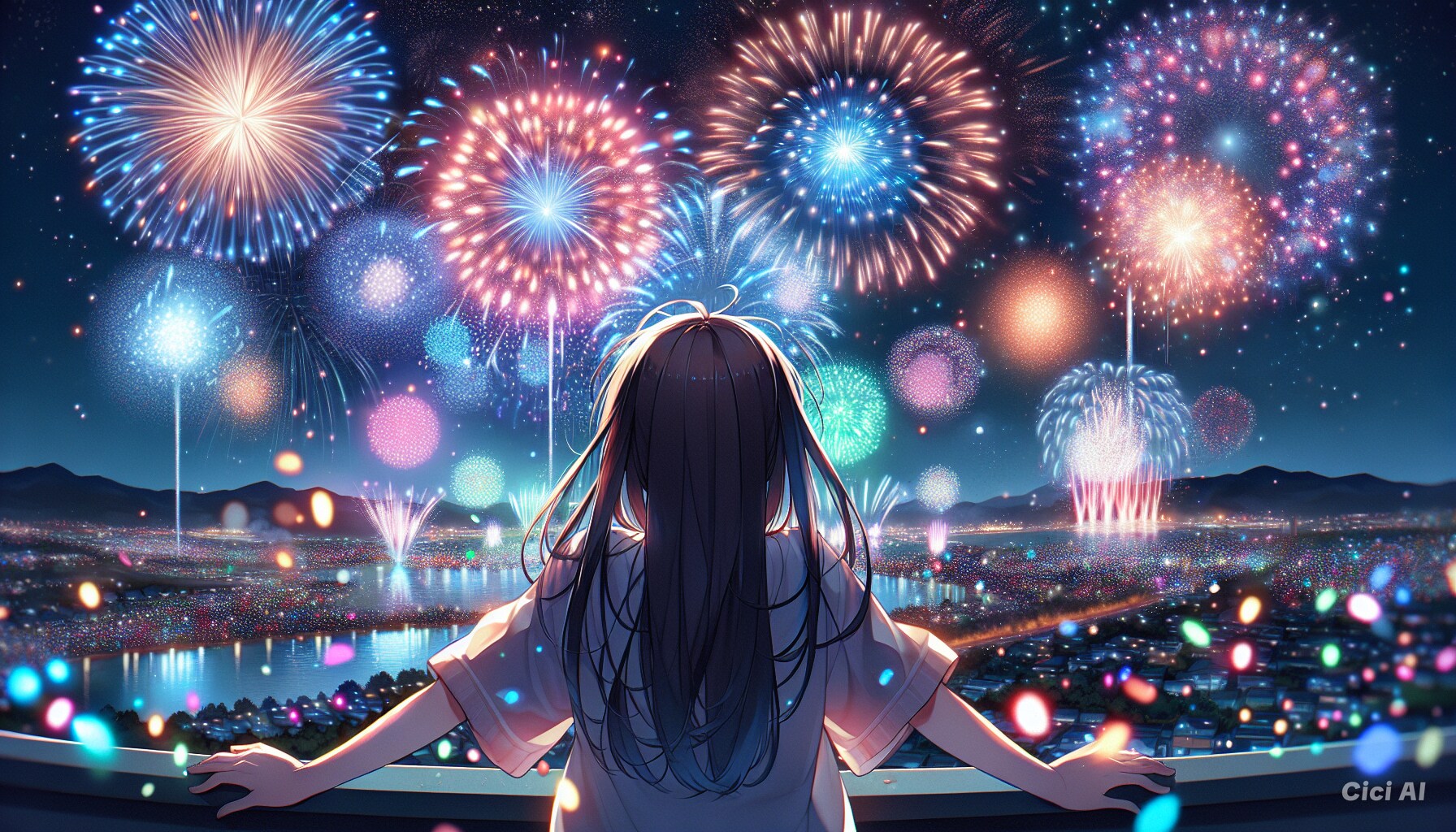 花火大会を見ている女の子