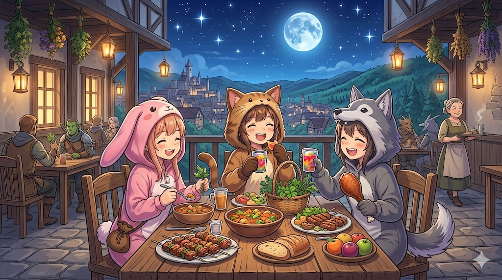 【All0412a】「薬草採取」のクエスト報酬が良かったので今晩は景色の良い所で食事した（モデル: NanoBanana2）
