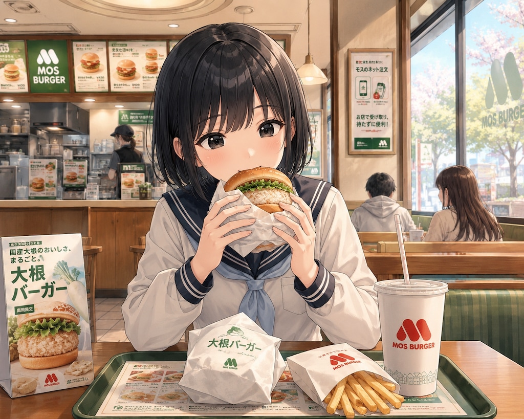 大根バーガーを食べている女の子