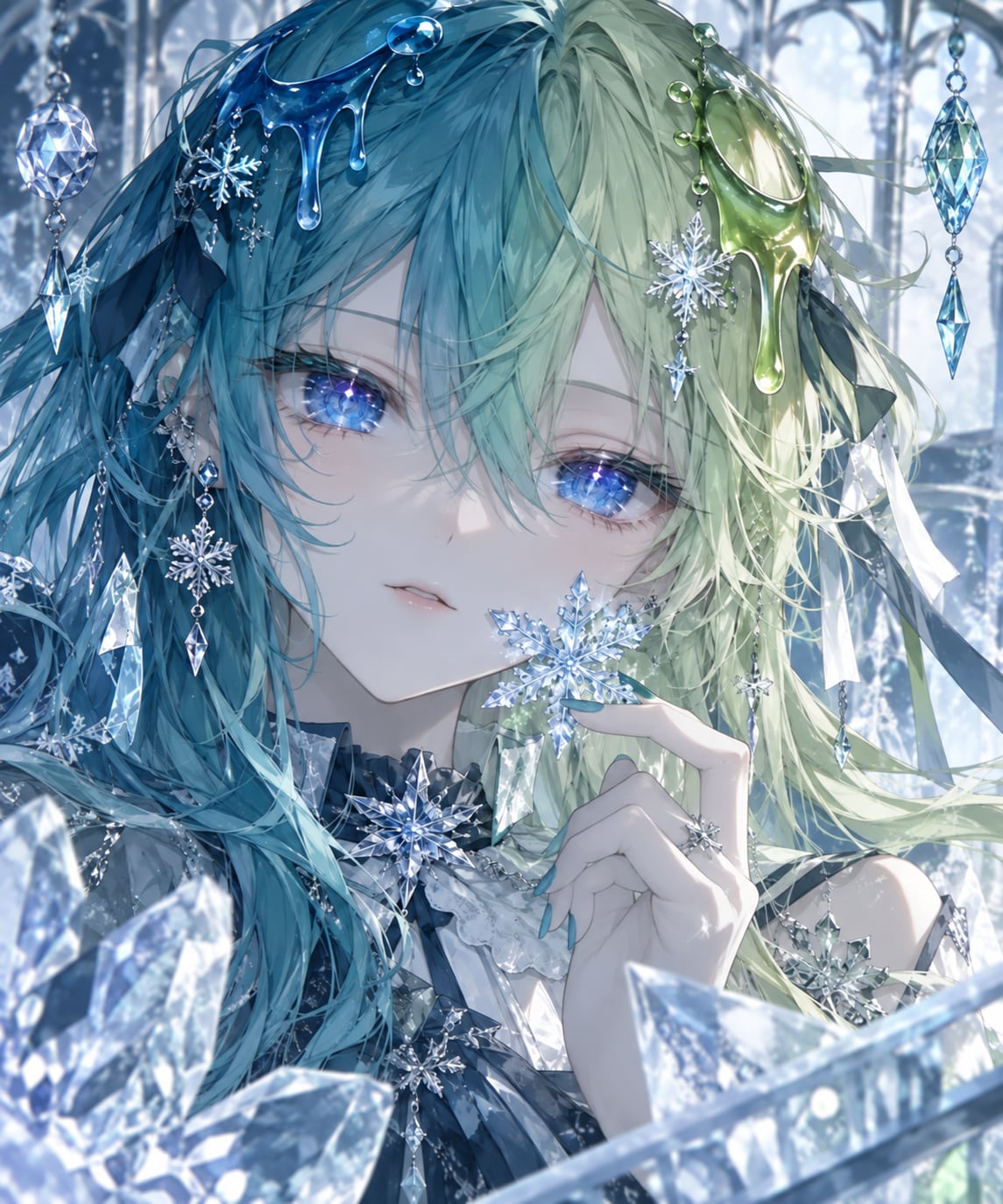 青緑×黄緑のツートンカラーの氷の女の子 | の人気AIイラスト・グラビア