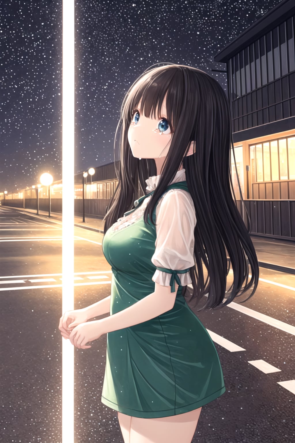 夜空を眺め涙する少女