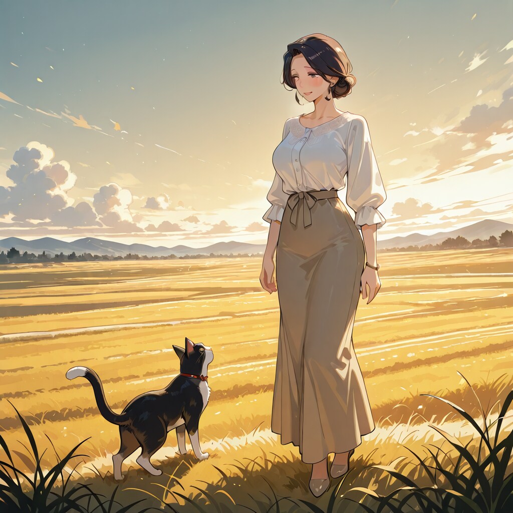 草原の猫と熟女