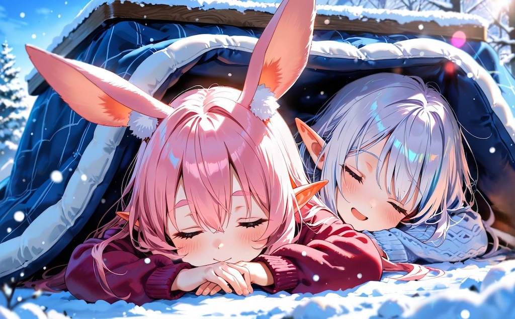 5枚）雪原コタツで眠る2人